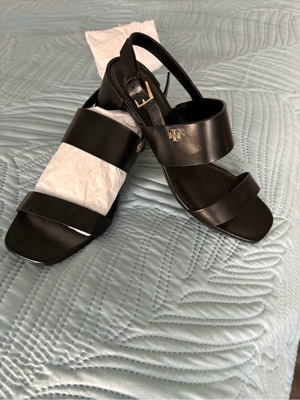 Tory Burch Black Leather Double-Strap Slingback Sandals with Gold Logo